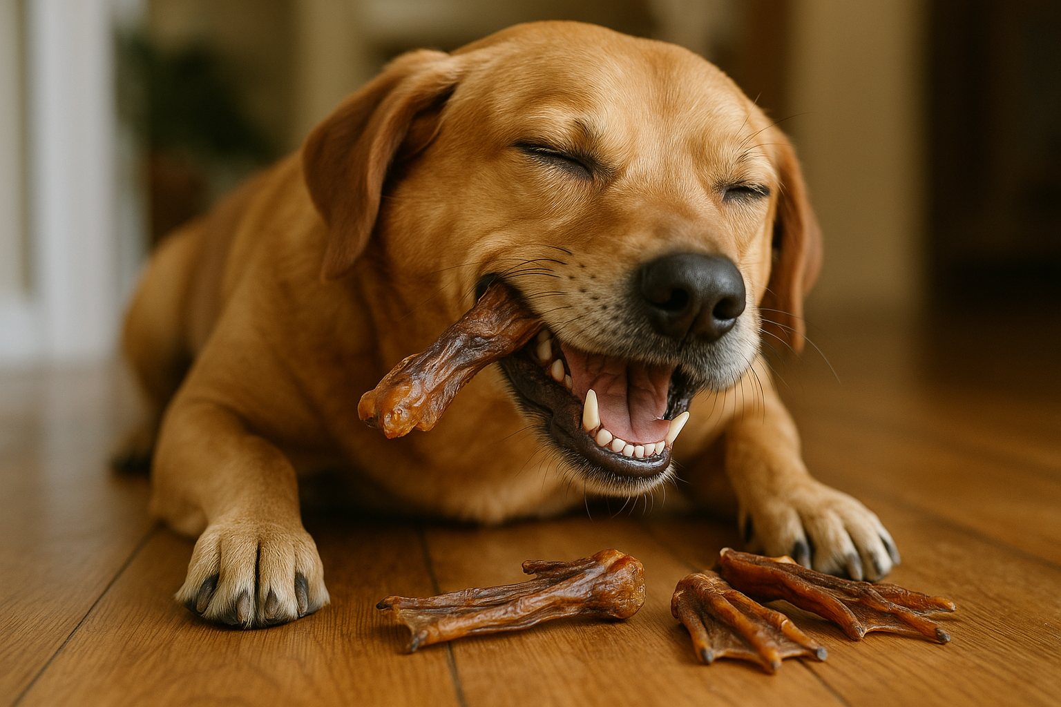 dog eating duck feet natural treat