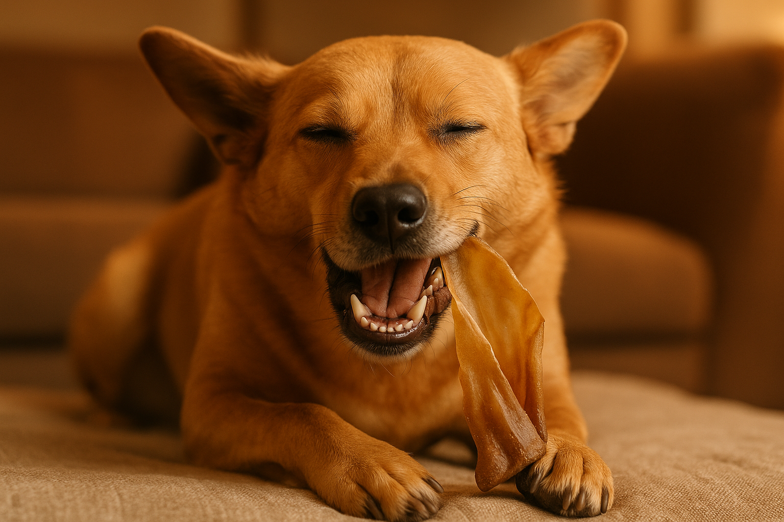 dog eating natural cow ear dog treat